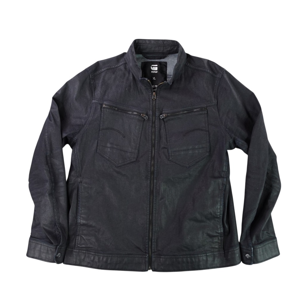 G-Star RAW Mens XL Coated Black Denim Moto Jacket Full Zip Biker Cafe Racer Wax